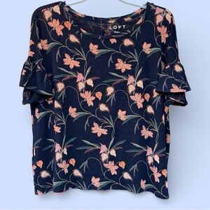 Loft Linen Tee Blouse Pullover Navy Blue Floral Ruffle Sleeve Sz L 100% Linen